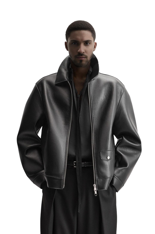 "Ascot" Wide-Collar Leather Jacket
