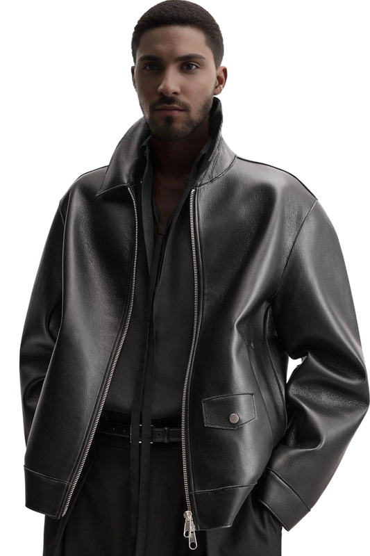 "Ascot" Wide-Collar Leather Jacket